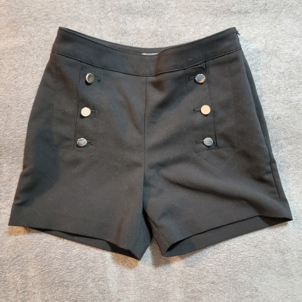 H & M Womens Retro Black Sailor Shorts Size 4 Poly Blend Gold Buttons No Pockets